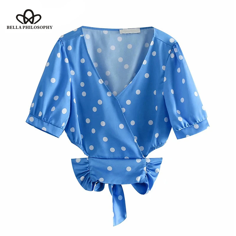 Sweet Polka Wrap Tops Women Blouses 2019 Fashion Short Style V Neck Bow Tied Ladies Shirts Casual Blusas Mujer Wonder Store