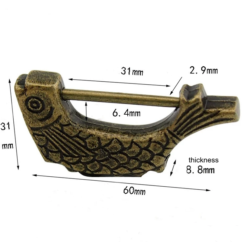 Vintage Chinese Antique Old Style Retro Brass Padlock Jewelry Box Fish Pattern Lock Key for Home Decor Ornaments 5