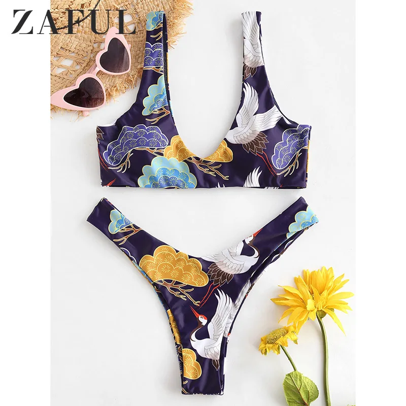 ZAFUL Femme с принтом птиц высокой талией посадкой комплекты бикини подкладкой без