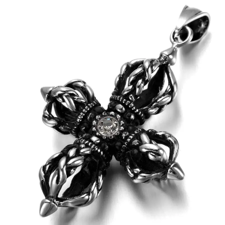 Mens Gothic Biker Stainless Steel Pendant Necklace, Cross, Clear