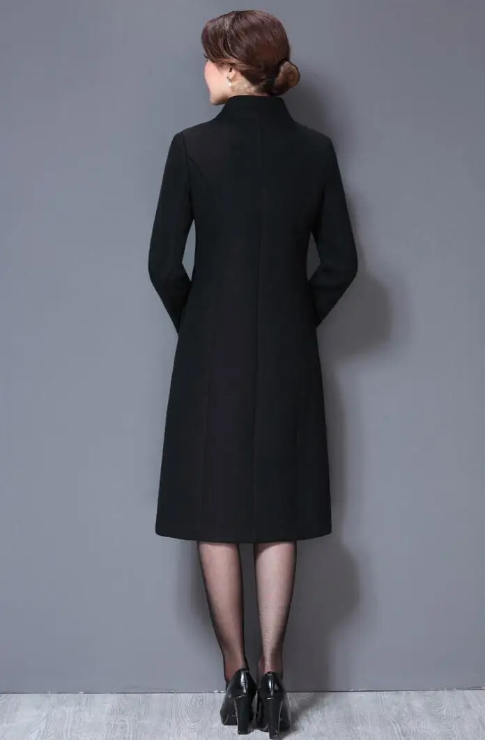 Новая модная верхняя одежда для женщин, стоячий воротник, длинный рукав, вышивка, невидимая пряжка, длинное шерстяное пальто с карманами