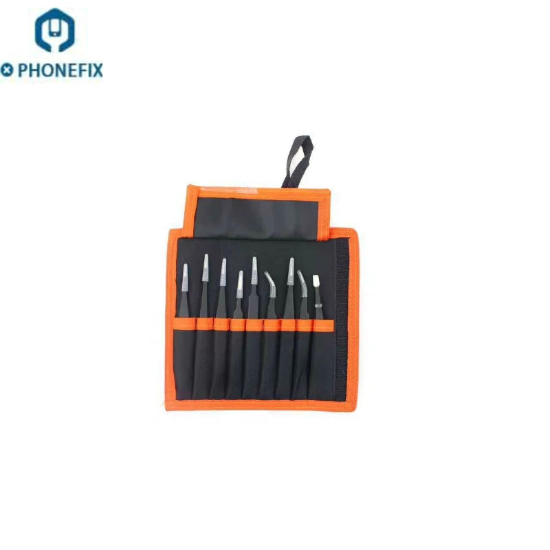 

PHONEFIX 9pcs/lot Anti-static Tweezers Stainless Steel Tweezers ESD safe Repair Tools Kit for Phone Logic Board Repair Tools Kit