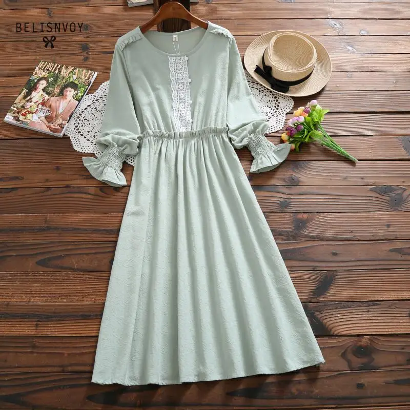 

Mori Girl Autumn Spring A-line Women Dress 2019 O-neck Blue Green Midi Dress Elegant Long Sleeve Ruffles Crochet Vintage Vestido