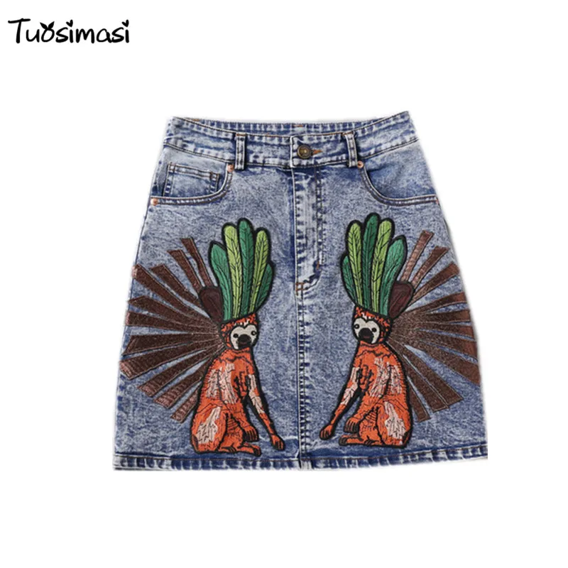 2018 summer back pocket empire high wasit Monkey Embroidered Denim mini Skirt (E010) | Женская одежда