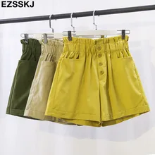 Повседневные шикарные шорты, эластичные шорты с высокой талией, женские летние свободные шорты из хлопка с пуговицами для студентов