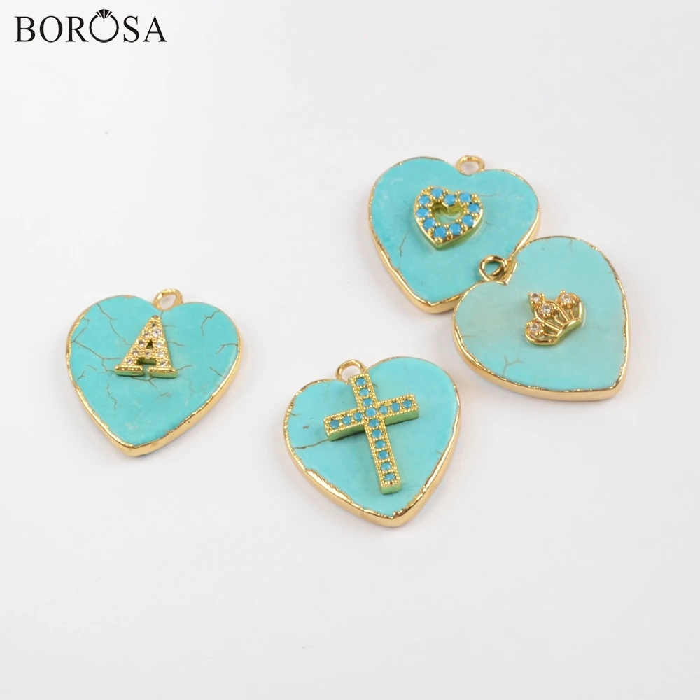 

BOROSA 10PCS Design Gild Heart Turquoises Pendants With Multi-shape Rainbow Zircon Charm Blue Howlites Charms Necklaces G1801