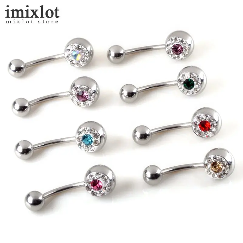 Imixlot 12pcs/set Stainless Steel Round Crystal Navel Bars Belly Button