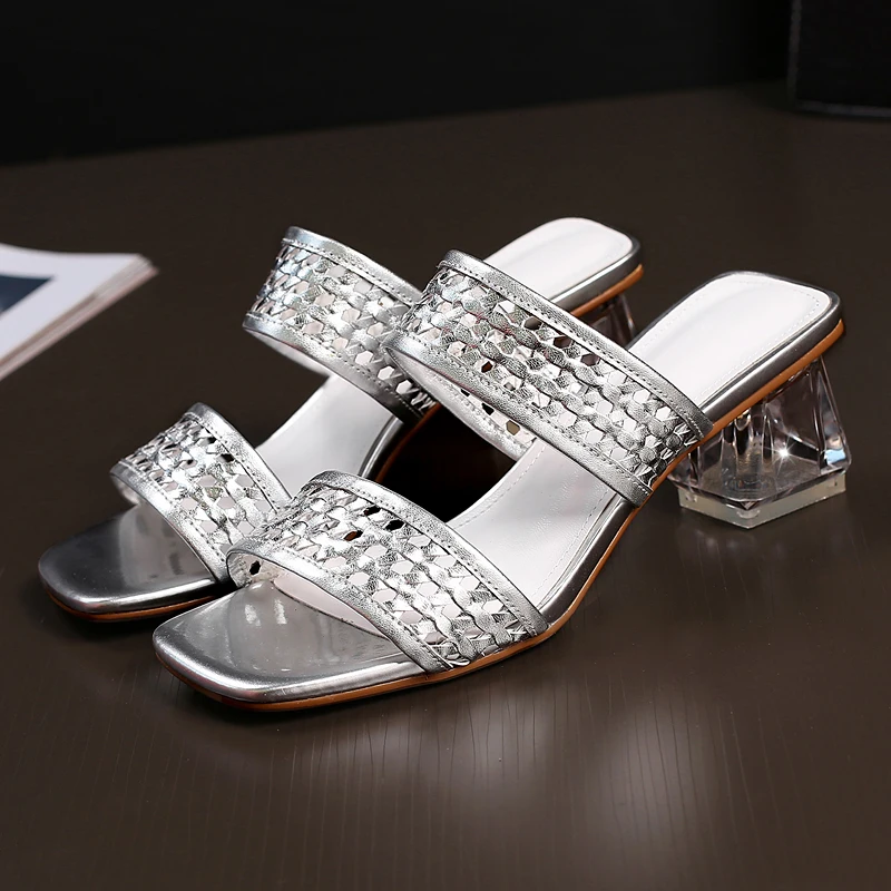 

Plus size 42 women's genuine leather bordered weaving high heel sandals open toe summer mules high quality ladies dress shoes