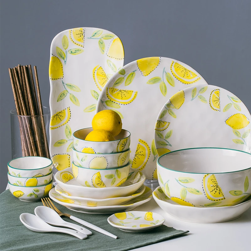 

New Arrival Lemon Painted Creative Porcelain 18pcs 28pcs 58pcs Dining Bowls Chopsticks Plates Spoon Tableware Set