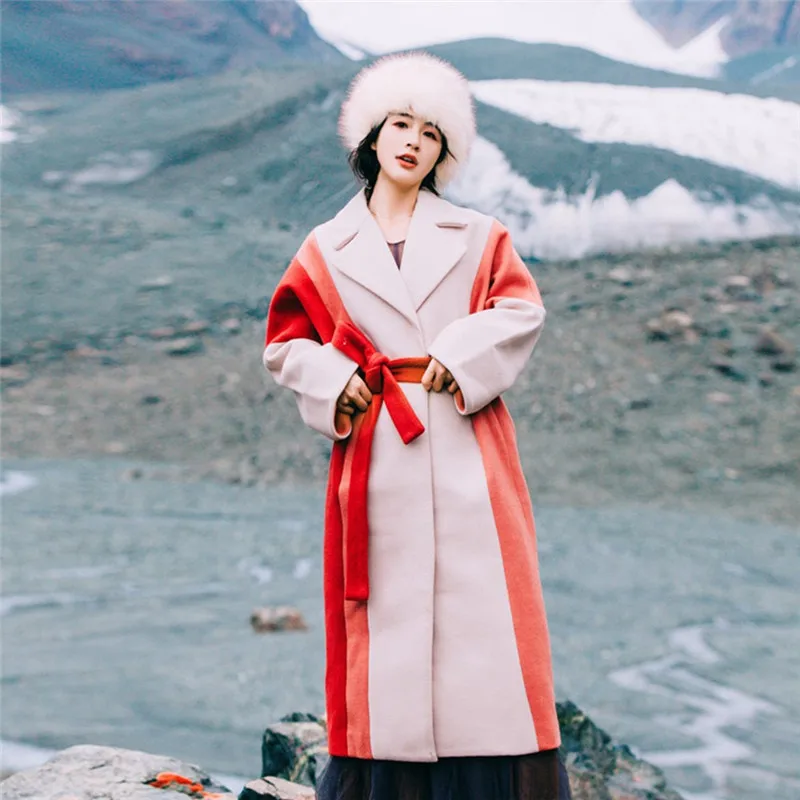 Sashed taille 2018 Feminino Élégant Longue Manteau Épais Large Rétro Hiver Laine Lâche Femmes Casaco Automne Multi De Populaire BPnBgq6Uw
