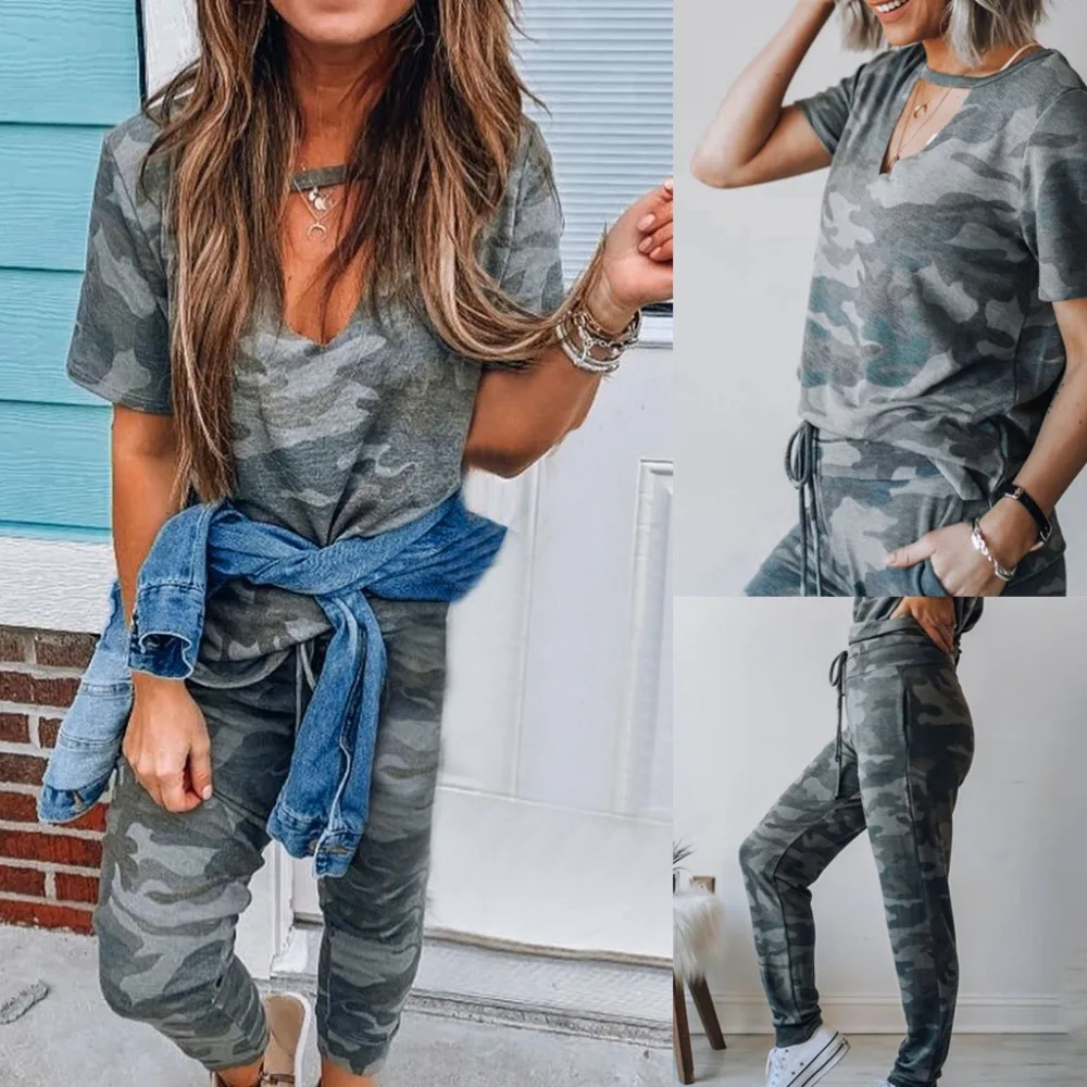 

New Arrival Fashion Summer 2PCS Womens Camouflage Tracksuits Set Lounge Wear Ladies Matching Top Suit Pant Plus Size 2019 X1