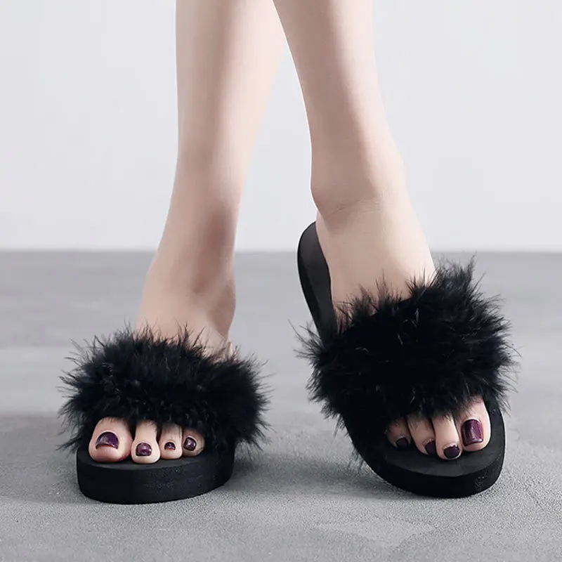 Women Home Slippers Fur Furry Slide Sweet Feather Flat Bottom Beach Shoes Fashion 2019 Female Hair Flip Flops Funny Home Sandals