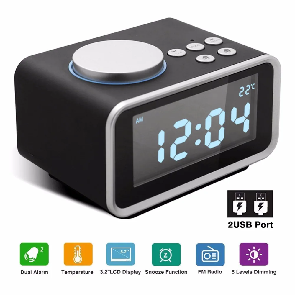 

Digital Alarm LED Clock FM Radio Loud Alarm Clock For Heavy Sleepers With Dual Alarm AUX In And Dual USB Charging Ports