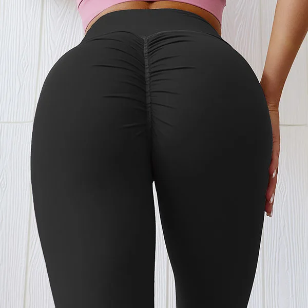 Solid Color Women Push Up Yoga Pants XS-XL Plus Size High Waist Fitness Leggings Sexy Hips Wrinkle Stretchy Gym Running Tights - Цвет: Black