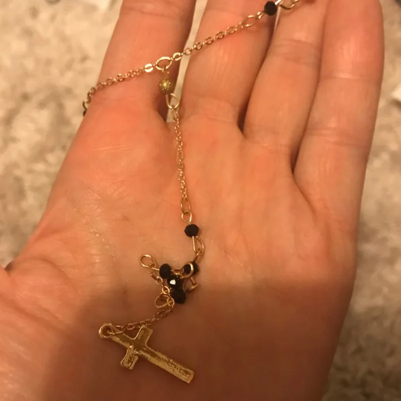 Long Tassel Cross Pendant Necklaces for Women Jewelry Sweater Rosary Black Beads Chain Necklace Collier Femme Kolye Bijoux