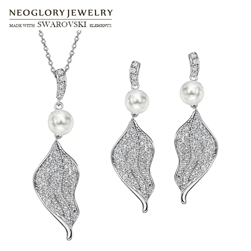 Neoglory Циркон и имитация Ювелирные изделия из жемчуга набор элегантные гетры с рисунком листьев, белый Цвет Цепочки и ожерелья и серьги из нат... Neoglory Циркон и имитация Ювелирные изделия из жемчуга набор элегантные гетры с рисунком листьев, белый Цвет Цепочки и ожерелья и серьги из нат...