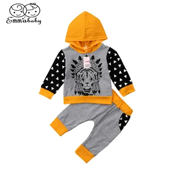 

0-24Month Baby Clothing Newborn Baby Boy Girl Cotton Hooded Tops Animal Lion Printed Jumper Sweatshirt+Harem Pants 2018 New 2Pcs