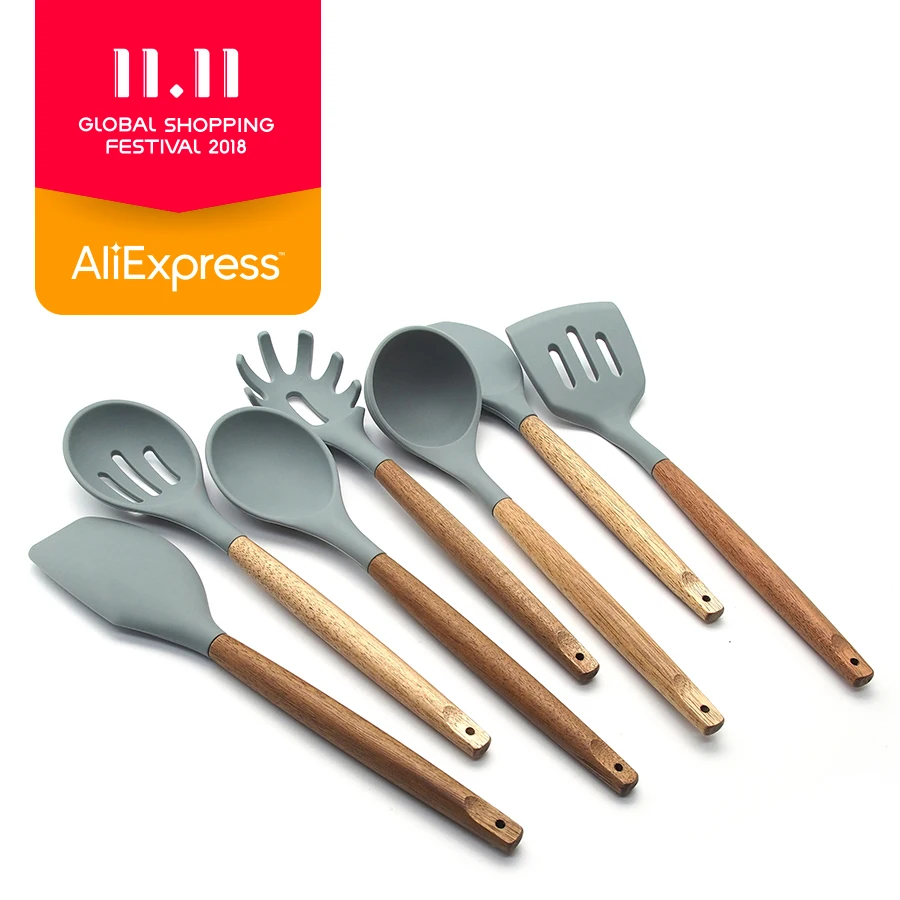 Kitchen Gadgets - Silicone Cooking Utensils Kitchen Utensil set - 7 Natural Acacia Wooden Silicone Kitchen Utensils Set Kitchen Gadgets - Silicone Cooking Utensils Kitchen Utensil set - 7 Natural Acacia Wooden Silicone Kitchen Utensils Set