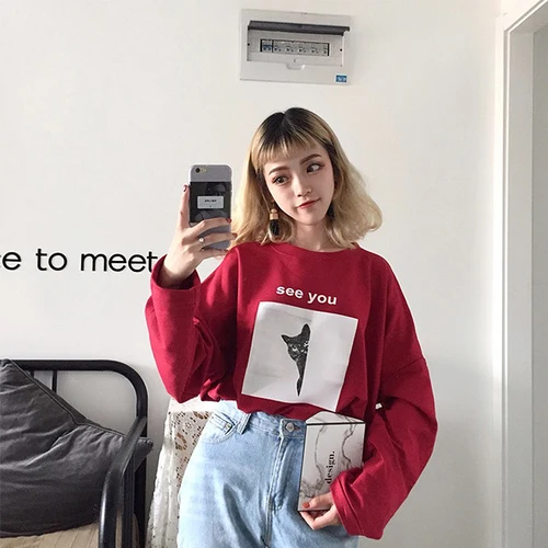 Xian 1990 hong Autumn O-Neck kawaii cartoon Printed Loose Harajuku T shirt women oversized T-shirts Korean Style Hip Hop Students Tees Chic top - Цвет: Xian 1990 hong