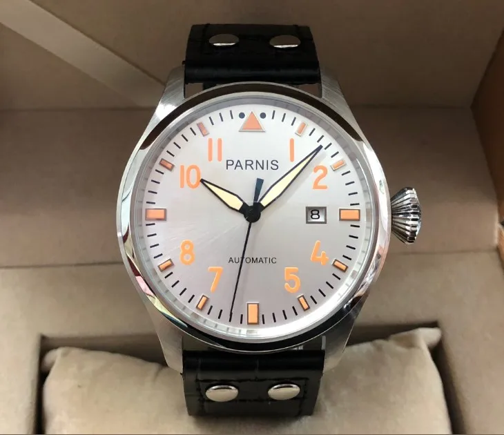 

47mm PARNIS silvery-white dial Automatic Self-Wind movement Auto Date men watches luminous hands Mechanical watches PA95-P8
