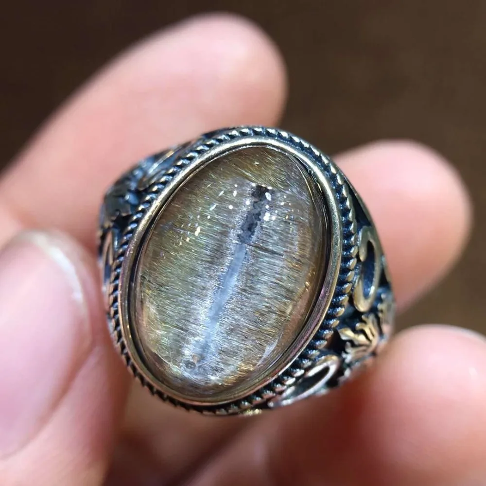 

15.3x10.4mm Natural Brookite Platinum Silver Rutilated Quartz Ring 925 Silver Metal Woman Man Crystal Adjustable Size Ring AAAAA
