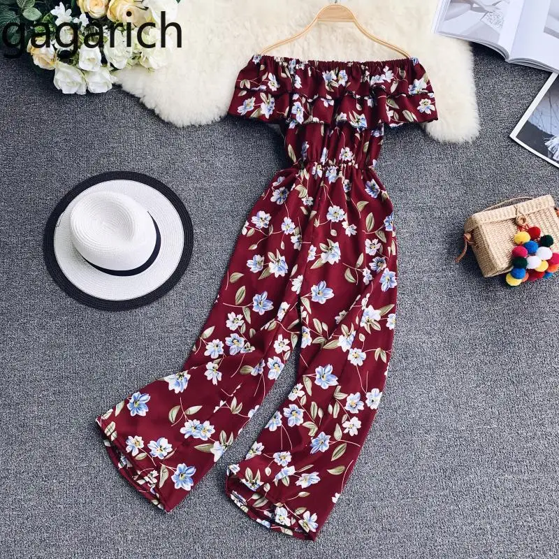 

Gagarich Seaside Holiday Double Lotus Leaf Side Slash Neck Shoulder Waist Pocket 7 Points Beach Jumpsuit 2019