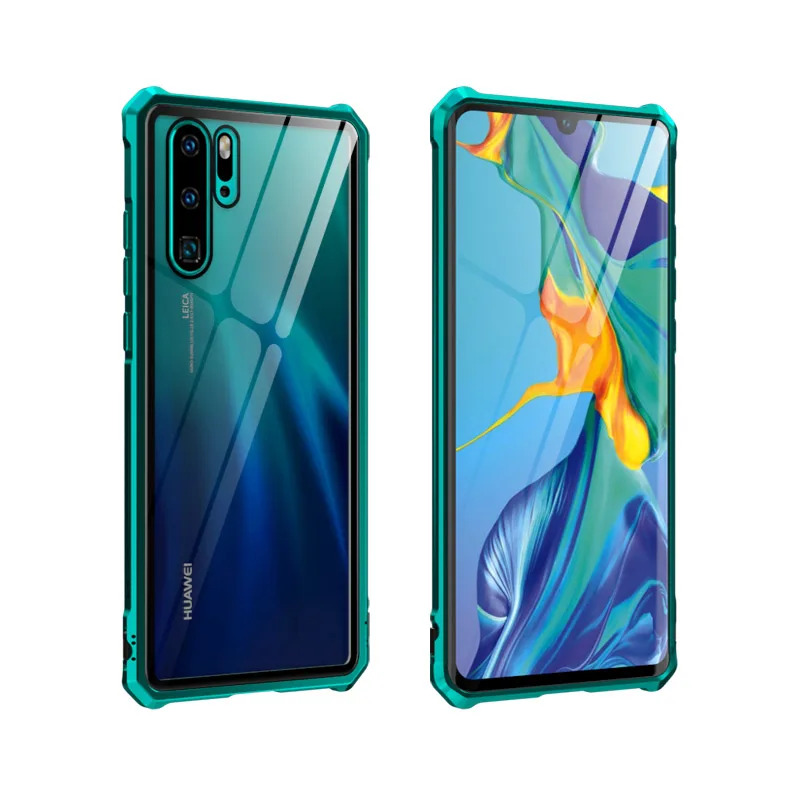 Алюминиевый бампер чехол для телефона huawei P30 Pro P30 lite Nova 5 5I 4E металлическая рамка бронированный чехол Honor 9X20 V20 8X MAX стеклянный чехол - Цвет: Зеленый