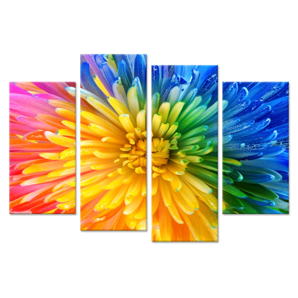 Floral Canvas Wall Art Prints 4 Panel Colorful Rainbow Flower Close Up ...