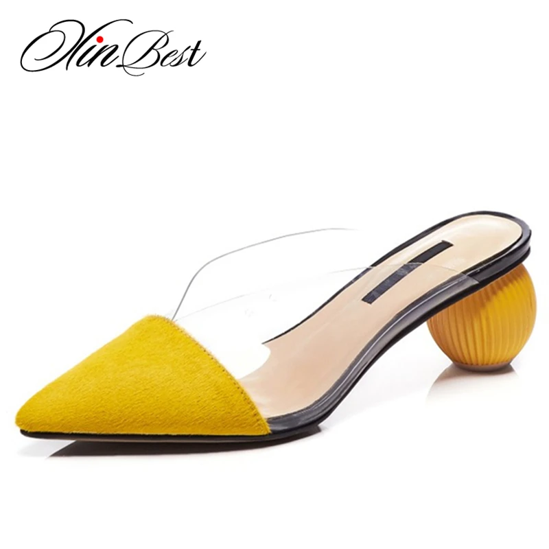 

Xinbest Strange Style Transparent Slippers Shallow Outdoor Plus Size Pointed Toe Yellow Mules Shoes Women Fashion Summer Slipper