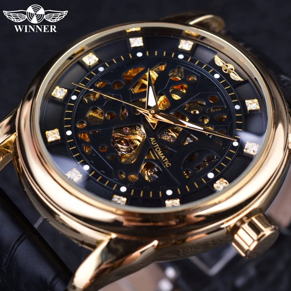 

Winner Classic Genuine Leather Series Royal Diamond Design Black Golden Case Skeleton Men Watch Top Brand Luxury Automatic Watch