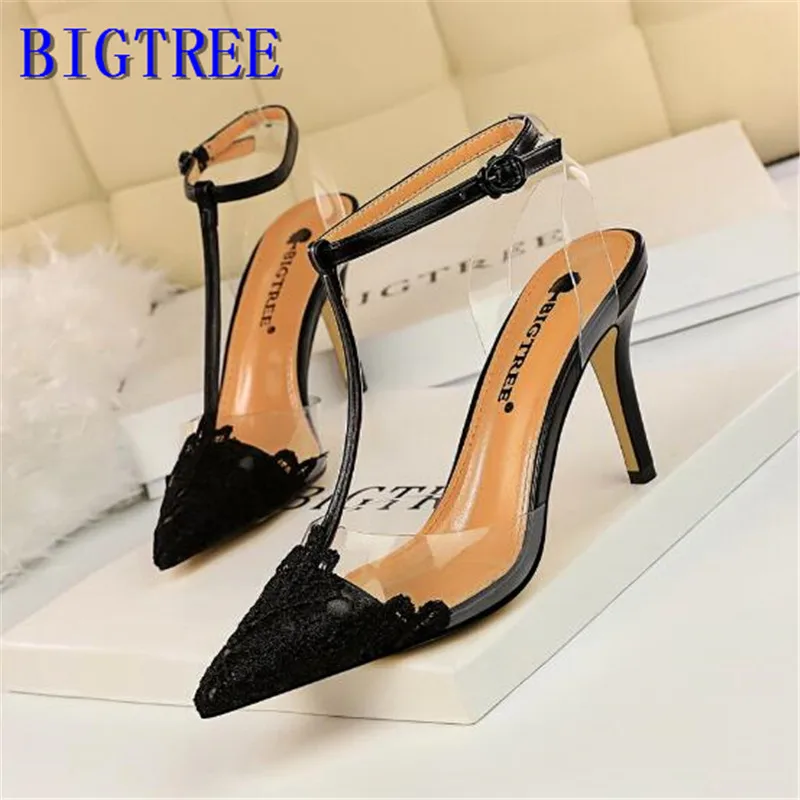 

BIGTREE New Style Women Pumps Women High Heel Shoes Lace Flower Women Shoes Buckle Shoes Female Summer Sandals women Party Shoes