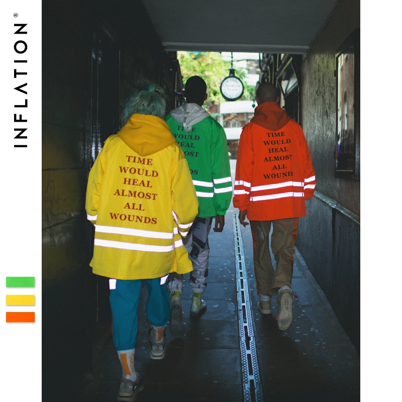 

INFLATION Reflctive Striped Letter Jacket 2019 Fashion Style Fluorescent Colour Hip hop Streetwear Men/Women Thin Jacket 8758W
