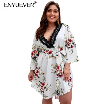 

Enyuever Plus Size Summer Boho Dress Bohemian Women Clothes Floral Print Long Sleeve Loose Casual Beach Holiday Dress Vestidos