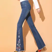 Осенние зимние женские джинсовые брюки модные джинсовые расклешенные брюки с цветочной вышивкой Женские повседневные брюки больших размеров p717