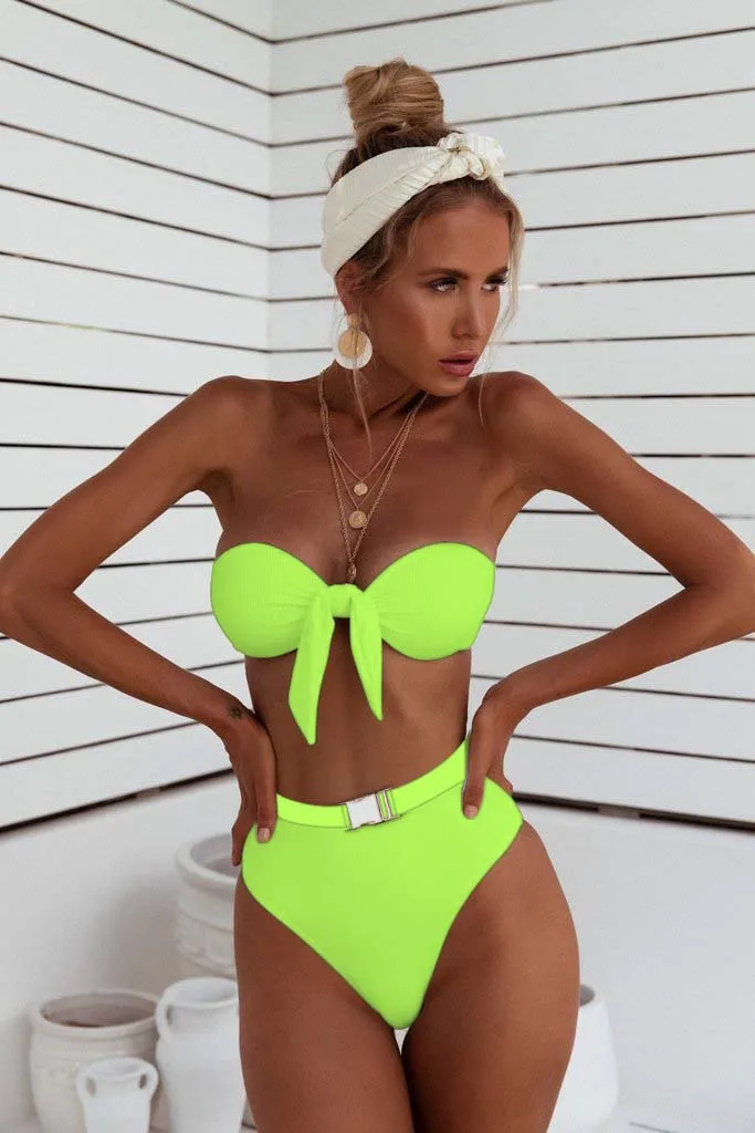 

Buckle Brazilian Neon Bikini Set Off Shoulder Front Tie Swimsuit Push Up Sexy High Waist Bathing Suit Biquini Stroj Kapielowy