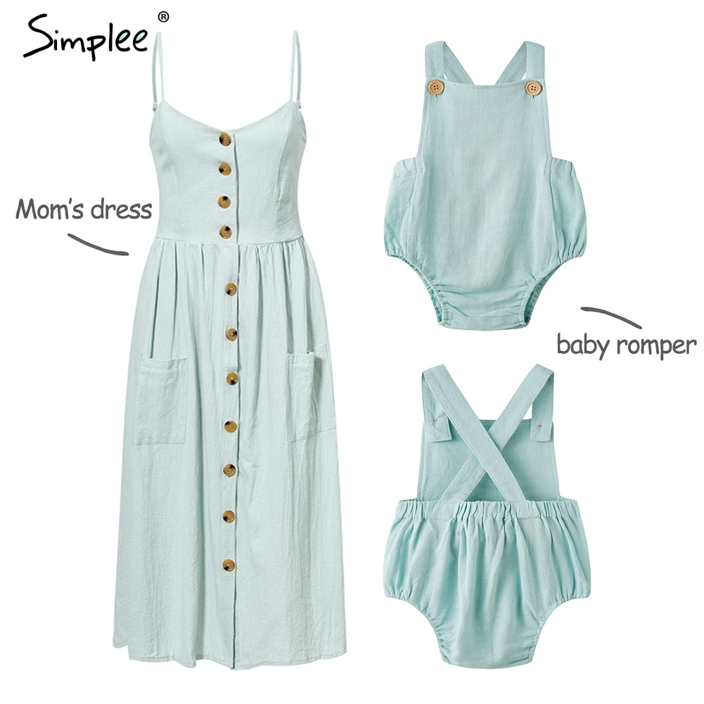 

Mother and kids casual button dress Solid matching mom baby family clothes outfits beach dress Cute baby romper mom summer dress