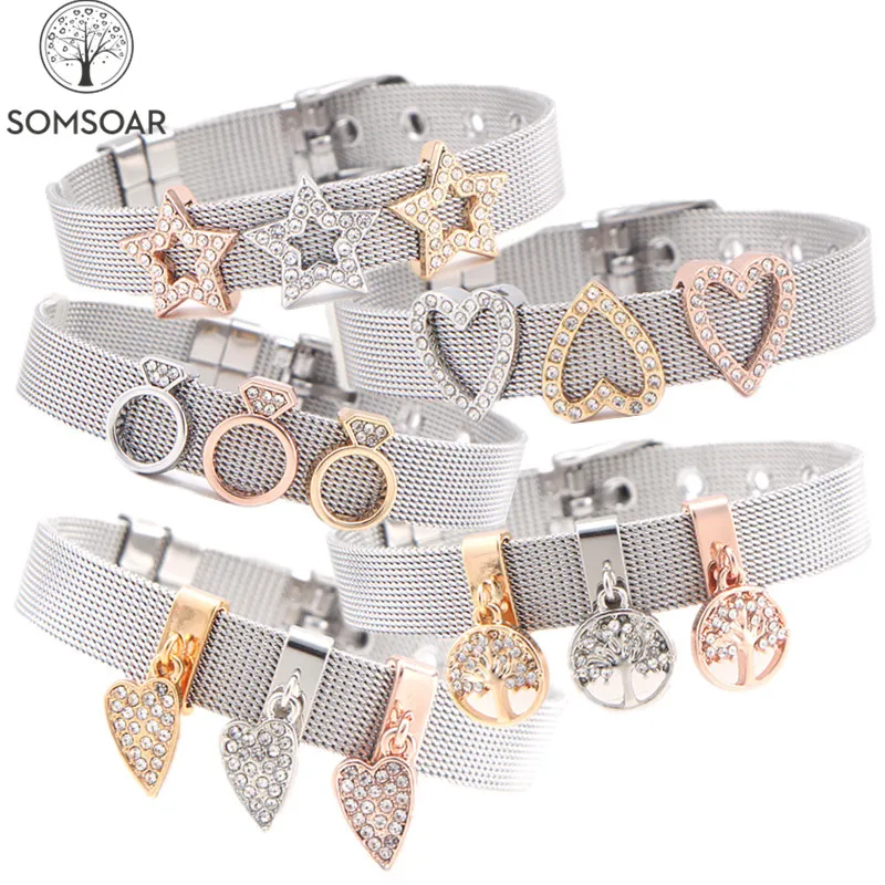 

Somsoar Jewelry Heart & tree Slide Charm Bracelet Stainless Steel Mesh Bracelet Bangles with silver/gold/rose gold charm diy