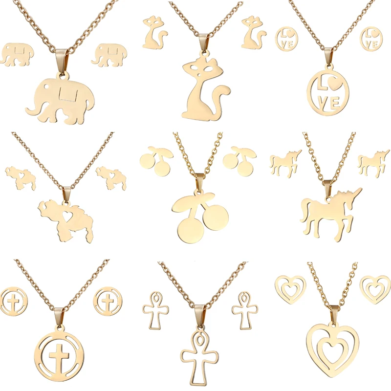 

animal horse dragonfly Elephant Pendant necklace Earrings set Women Gold color Stainless Steel jewelry Set