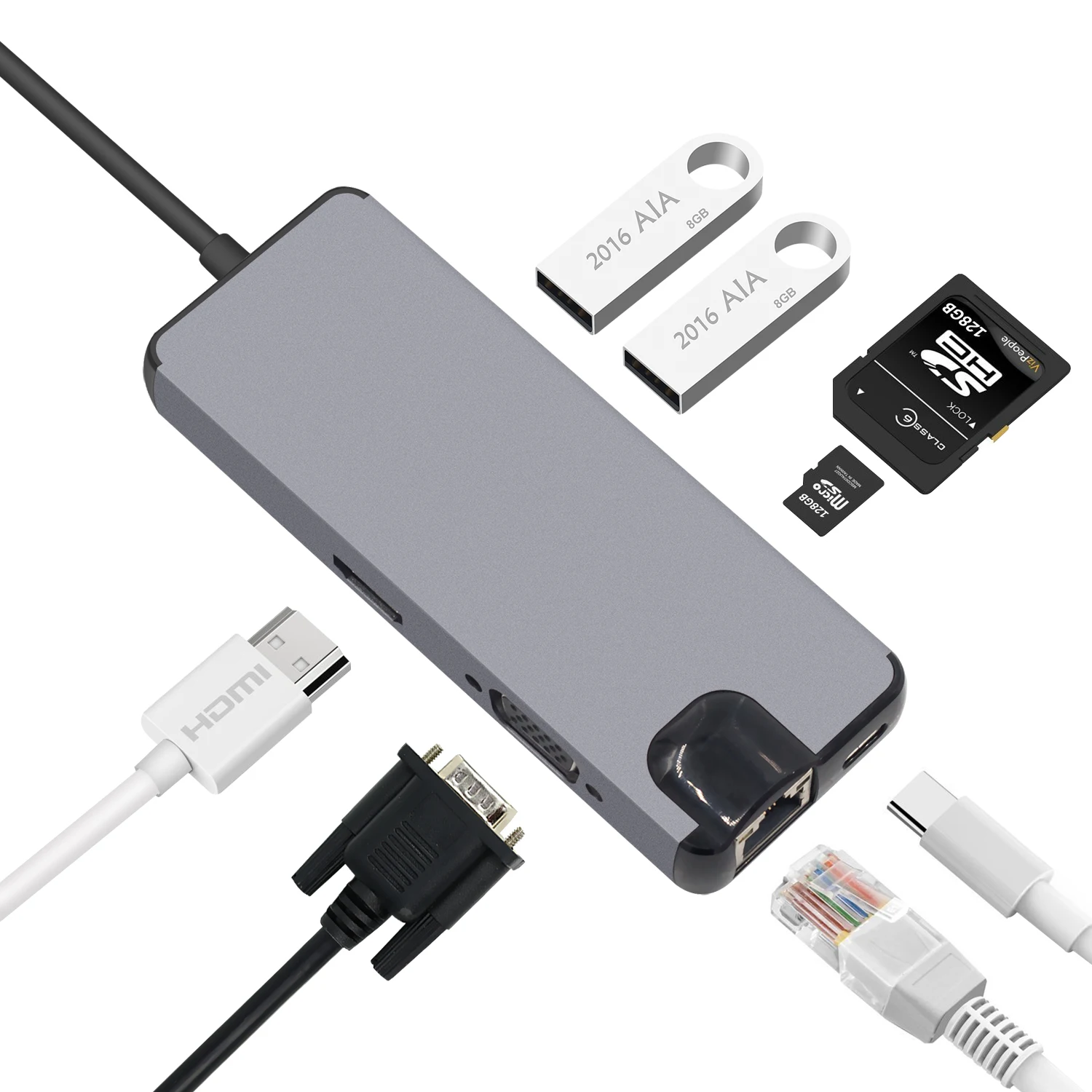 8 в 1 USB C концентратор HDMI 4 K, USB-C RJ45 Gigabit Ethernet, VGA порт, Тип C концентратор питания, SD TF кард-ридер для Macbook Pro