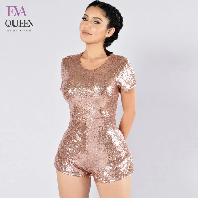 

Tobinoone Women Gold Sequin Jumpsuit 2017 Women O Neck Short Sleeve Bodysuit Back Zipper Playsuit Christmas Macacao Feminino