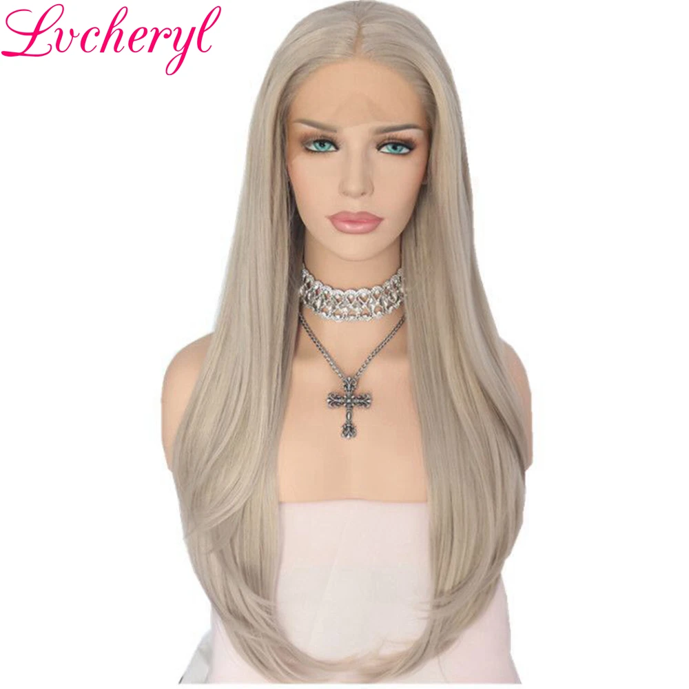 

Lvcheryl Natural Long Wavy Hand Tied Silver Grey High Temperature Fiber Synthetic Lace Front Wig For Women