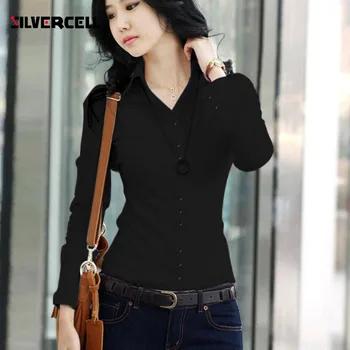 

Autumn Women Solid Shirt Long sleeved Blouse Full Spring Collar Large Shirt Turn-down Career Slim Size