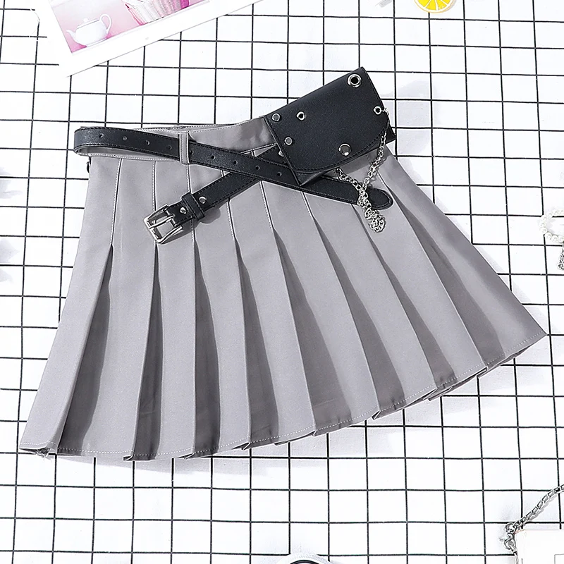 New Hip-hop Women's Harajuku Pleated Skirt Gothic Black High Waist Mini Skirts Cute Girls Punk A Line Short Skirt With Belt - Цвет: Серый
