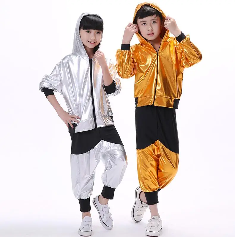 New Girls Boys Gold Silver Ballroom Jazz Hip Hop Dance Competition Costume Adult Clothes Hoodie Shirt Top Pants Dancing Wear