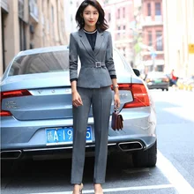 Женский серый Блейзер, женские деловые костюмы, формальные офисные костюмы, рабочая одежда, брюки и куртка, наборы, стили OL