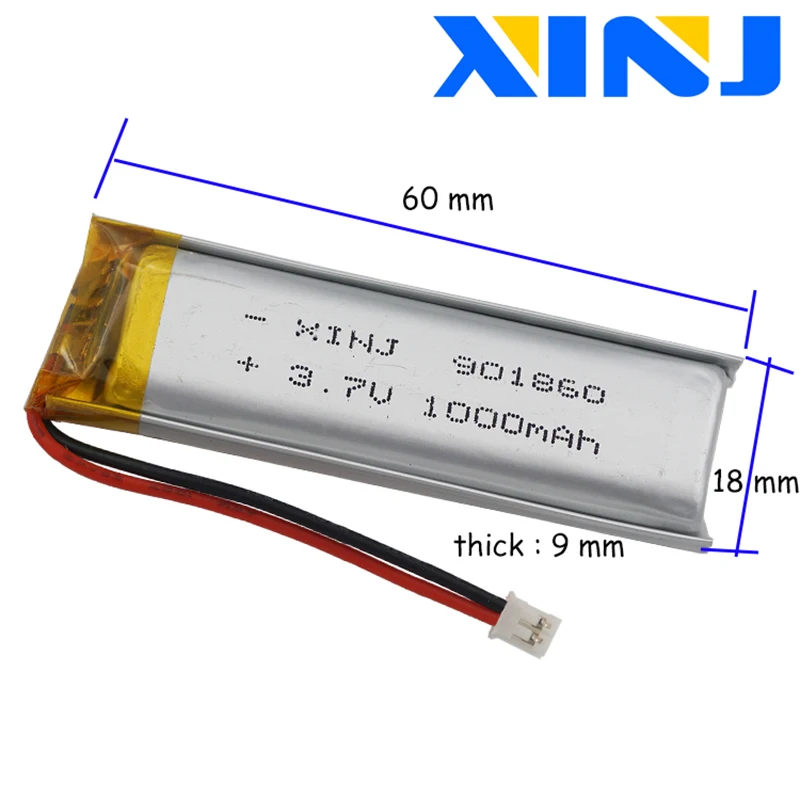 10pcs 3.7V 1000 mAh 3.7Wh Polymer Li Battery 901860 JST 2Pin 1.0/1.25/1.5/2.0/2.54mm For Car Camera Navigation GPS Bluetooth 2