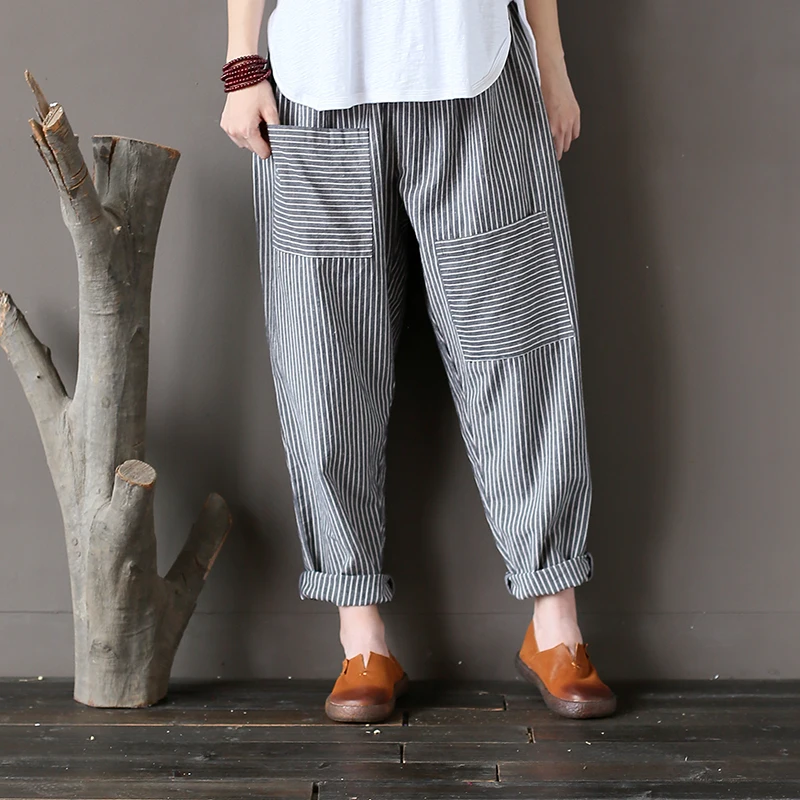 

Johnature Women Vintage Pants Autumn 2019 New Cotton Linen Striped Thin Loose Pockets Comfortably Soft Brief Harem Pants