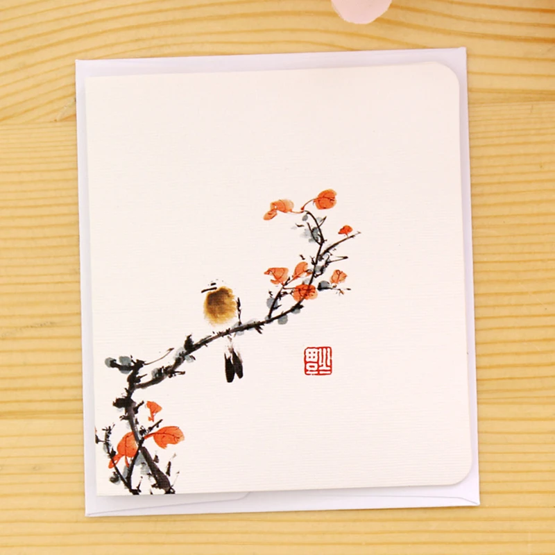 Chinese Plant Greeting Card Creative Classical Simple Message DIY Folding Valentine's Day Birthday New Year's Day 4pcs