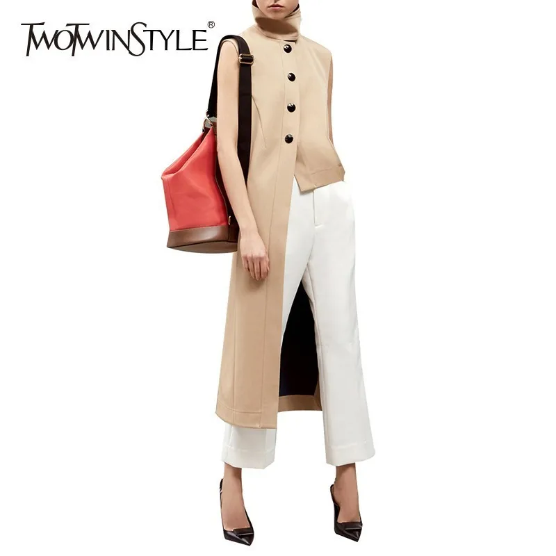 TWOTWINSTYLE 2018 Autumn Women's Vest Stand Collar Sleeveless Single Breasted Long Waistcoat For Women Female Gilet Fashion Tide TWOTWINSTYLE 2018 Autumn Women's Vest Stand Collar Sleeveless Single Breasted Long Waistcoat For Women Female Gilet Fashion Tide