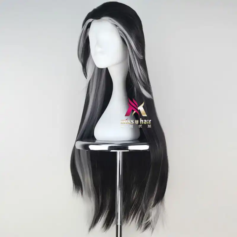 Miss U Hair Men S Long Straight Hair Black And Silver Grey Strands